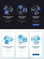 Types of export business night and day mode onboarding mobile app screen. Walkthrough 3 steps graphic instructions pages with linear concepts. UI, UX, GUI template. vector