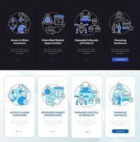 Export business advantages night, day mode onboarding mobile app screen. Walkthrough 4 steps graphic instructions pages with linear concepts. UI, UX, GUI template. vector
