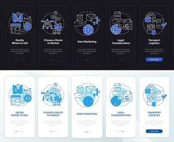 exporte consejos de negocios en modo día y noche incorporando la pantalla de la aplicación móvil. tutorial 5 pasos páginas de instrucciones gráficas con conceptos lineales. interfaz de usuario, ux, plantilla de interfaz gráfica de usuario. vector