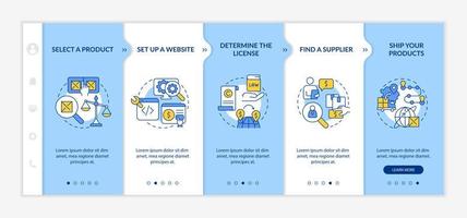 How to start export business blue and white onboarding template. Responsive mobile website with linear concept icons. Web page walkthrough 5 step screens. vector