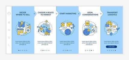 Export business tips blue and white onboarding template. Marketing strategy. Responsive mobile website with linear concept icons. Web page walkthrough 5 step screens. vector