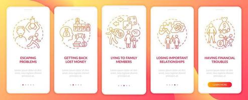 Compulsive gambling factors red gradient onboarding mobile app screen. Walkthrough 5 steps graphic instructions pages with linear concepts. UI, UX, GUI template. vector