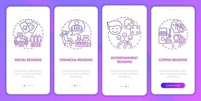 Reasons to gamble purple gradient onboarding mobile app screen. Walkthrough 4 steps graphic instructions pages with linear concepts. UI, UX, GUI template.