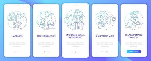 Gambling benefits blue gradient onboarding mobile app screen. Hobby walkthrough 5 steps graphic instructions pages with linear concepts. UI, UX, GUI template. vector