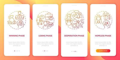 Phases of gambling addiction red gradient onboarding mobile app screen. Walkthrough 4 steps graphic instructions pages with linear concepts. UI, UX, GUI template. vector