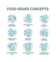 Conjunto de iconos de concepto de problemas de alimentos turquesa. conservar los productos. tecnología de procesamiento idea ilustraciones en color de línea delgada. símbolos aislados. trazo editable. vector