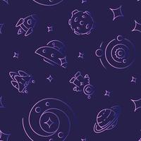 Extraterrestrial life abstract seamless pattern. Vector shapes on dark purple background. Trendy texture with cartoon color icons. Design with graphic elements for interior, fabric, website decoration