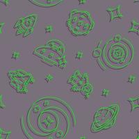 Galaxy research abstract seamless pattern. Vector shapes on grey background. Trendy texture with cartoon color icons. Design with graphic elements for interior, fabric, website decoration