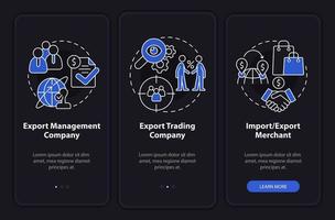 Types of export business night mode onboarding mobile app screen. Walkthrough 3 steps graphic instructions pages with linear concepts. UI, UX, GUI template. vector