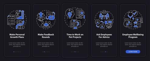 Employee commitment activities night mode onboarding mobile app screen. Walkthrough 5 steps graphic instructions pages with linear concepts. UI, UX, GUI template. vector