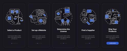 How to start export business night mode onboarding mobile app screen. Walkthrough 5 steps graphic instructions pages with linear concepts. UI, UX, GUI template. vector