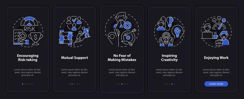 Employee wellness importance night mode onboarding mobile app screen. Walkthrough 5 steps graphic instructions pages with linear concepts. UI, UX, GUI template. vector