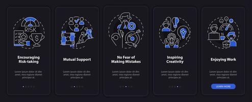 pantalla de la aplicación móvil de incorporación del modo nocturno de la importancia del bienestar de los empleados. tutorial 5 pasos páginas de instrucciones gráficas con conceptos lineales. interfaz de usuario, ux, plantilla de interfaz gráfica de usuario. vector