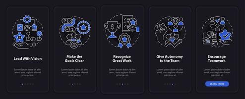 Improving employee wellness night mode onboarding mobile app screen. Walkthrough 5 steps graphic instructions pages with linear concepts. UI, UX, GUI template. vector