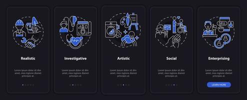 Office environment types night mode onboarding mobile app screen. Walkthrough 5 steps graphic instructions pages with linear concepts. UI, UX, GUI template. vector