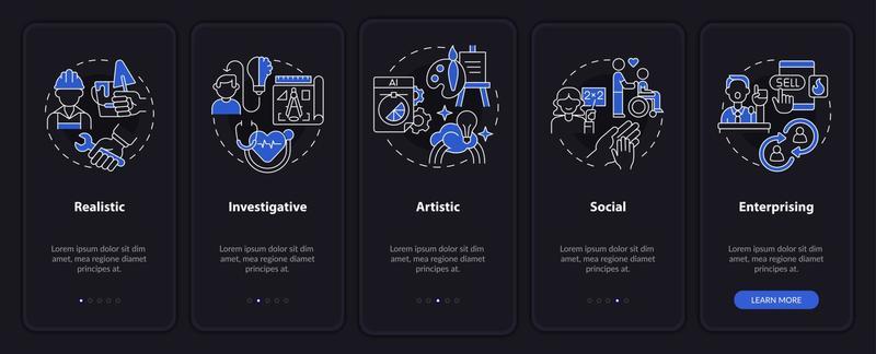 Office environment types night mode onboarding mobile app screen. Walkthrough 5 steps graphic instructions pages with linear concepts. UI, UX, GUI template.