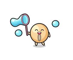 happy soy bean cartoon playing soap bubble vector