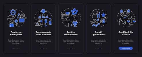 Healthy workplace environment night mode onboarding mobile app screen. Walkthrough 5 steps graphic instructions pages with linear concepts. UI, UX, GUI template. vector