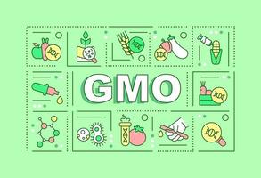 Banner verde de conceptos de palabras gmo. Organismo genéticamente modificado. infografías con iconos sobre fondo de color. tipografía aislada. ilustración vectorial con texto. vector