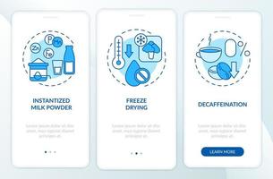 Food technology blue onboarding mobile app screen. Processing products walkthrough 3 steps graphic instructions pages with linear concepts. UI, UX, GUI template. vector