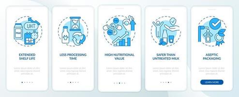 Advantages of UHT milk blue onboarding mobile app screen. Pasteurization walkthrough 5 steps graphic instructions pages with linear concepts. UI, UX, GUI template. vector