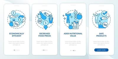 Advantages of gmo blue onboarding mobile app screen. Food issues walkthrough 4 steps graphic instructions pages with linear concepts. UI, UX, GUI template. vector