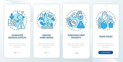 Disadvantages of gmo blue onboarding mobile app screen. Food issues walkthrough 4 steps graphic instructions pages with linear concepts. UI, UX, GUI template. vector