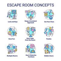 Escape room concept icons set. Puzzle-solving adventure idea thin line color illustrations. Lock and keys. Use clues. Isolated symbols. Editable stroke. vector