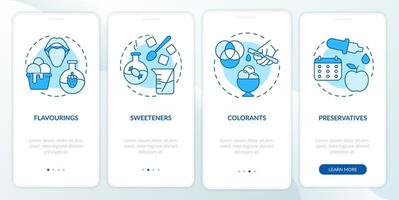 Food additives blue onboarding mobile app screen. Synthetic and natural walkthrough 4 steps graphic instructions pages with linear concepts. UI, UX, GUI template. vector