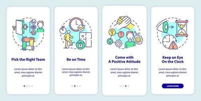 Escape room strategies onboarding mobile app screen. Be on time walkthrough 4 steps graphic instructions pages with linear concepts. UI, UX, GUI template. vector