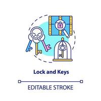 Lock and keys concept icon. Escape room attribute abstract idea thin line illustration. Old-fashioned security products. Isolated outline drawing. Editable stroke. vector