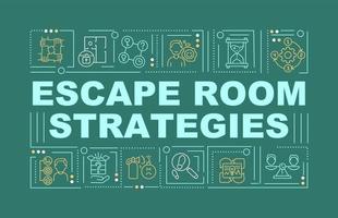 Escape room successful strategies word concepts dark green banner. Infographics with icons on color background. Isolated typography. Vector illustration with text.