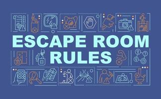 Escape room regulations and prohibitions word concepts dark blue banner. Infographics with icons on color background. Isolated typography. Vector illustration with text.