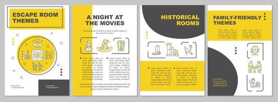 Escape room thematic ideas yellow brochure template. Family friendly design. Leaflet design with linear icons. 4 vector layouts for presentation, annual reports.