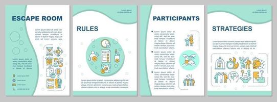 plantilla de folleto de menta de planificación de sala de escape. reglas y estrategias. diseño de folletos con iconos lineales. 4 diseños vectoriales para presentación, informes anuales. vector