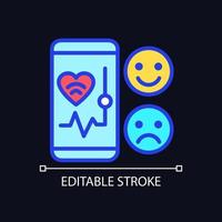 Mood monitoring pixel perfect RGB color icon for dark theme. Mobile app for health tracking. Internet of Things. Simple filled line drawing on night mode background. Editable stroke. vector