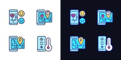 Mobile applications pixel perfect light and dark theme color icons set. Healthcare service. Internet of Things. Simple filled line drawings. Bright cliparts on white and black. Editable stroke vector