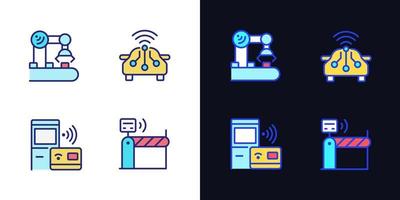 Wireless technologies pixel perfect light and dark theme color icons set. Remote device control. Internet of Things. Simple filled line drawings. Bright cliparts on white and black. Editable stroke vector