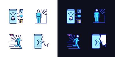 Sensor technology pixel perfect light and dark theme color icons set. Mobile application for remote control. Simple filled line drawings. Bright cliparts on white and black. Editable stroke vector