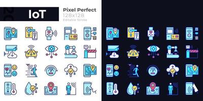 IoT pixel perfect light and dark theme color icons set. Wifi regulation. Internet of Things. Simple filled line drawings. Bright cliparts on white and black. Editable stroke. vector