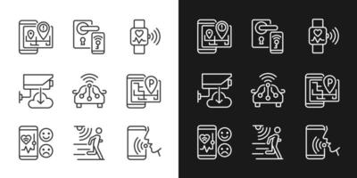 Internet of things pixel perfect light and dark theme color icons set. Wireless technology. IoT appliance. Simple filled line drawings. Bright cliparts on white and black. Editable stroke