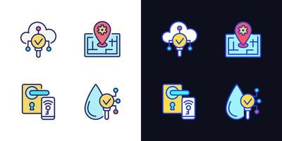 IoT technologies pixel perfect light and dark theme color icons set. Remote lock access. Internet of Things. Simple filled line drawings. Bright cliparts on white and black. Editable stroke