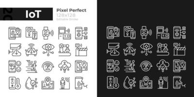 IoT pixel perfect light and dark theme color icons set. Wifi regulation. Internet of Things. Simple filled line drawings. Bright cliparts on white and black. Editable stroke. vector