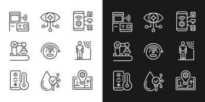 Innovative technology pixel perfect light and dark theme color icons set. Wireless access. Internet of Things. Simple filled line drawings. Bright cliparts on white and black. Editable stroke vector