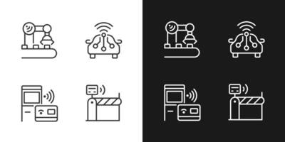 Wireless technologies pixel perfect light and dark theme color icons set. Remote device control. Internet of Things. Simple filled line drawings. Bright cliparts on white and black. Editable stroke vector