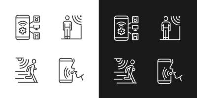 Sensor technology pixel perfect light and dark theme color icons set. Mobile application for remote control. Simple filled line drawings. Bright cliparts on white and black. Editable stroke vector