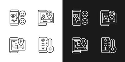 Mobile applications pixel perfect light and dark theme color icons set. Healthcare service. Internet of Things. Simple filled line drawings. Bright cliparts on white and black. Editable stroke vector