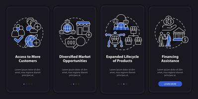 Export business advantages night mode onboarding mobile app screen. Walkthrough 4 steps graphic instructions pages with linear concepts. UI, UX, GUI template. vector