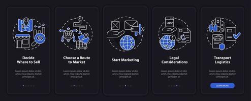 Export business tips night mode onboarding mobile app screen. Walkthrough 5 steps graphic instructions pages with linear concepts. UI, UX, GUI template. vector