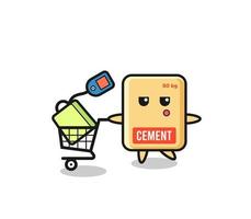 dibujos animados de ilustración de saco de cemento con un carrito de compras vector
